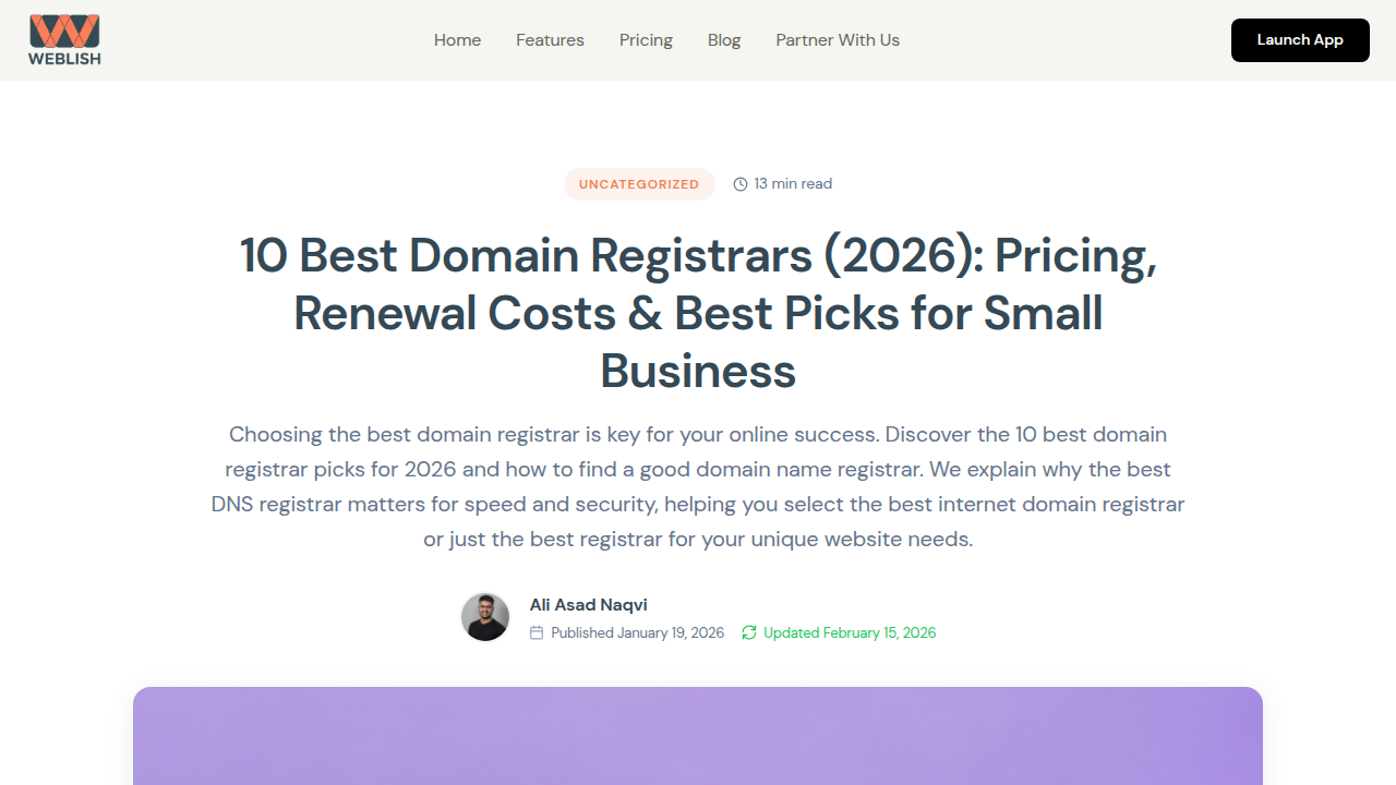 A screenshot from Weblish.io's ranking of best domain registrars for 2026, showing transparent renewal pricing and potentially listing companies like Dynadot and Porkbun.