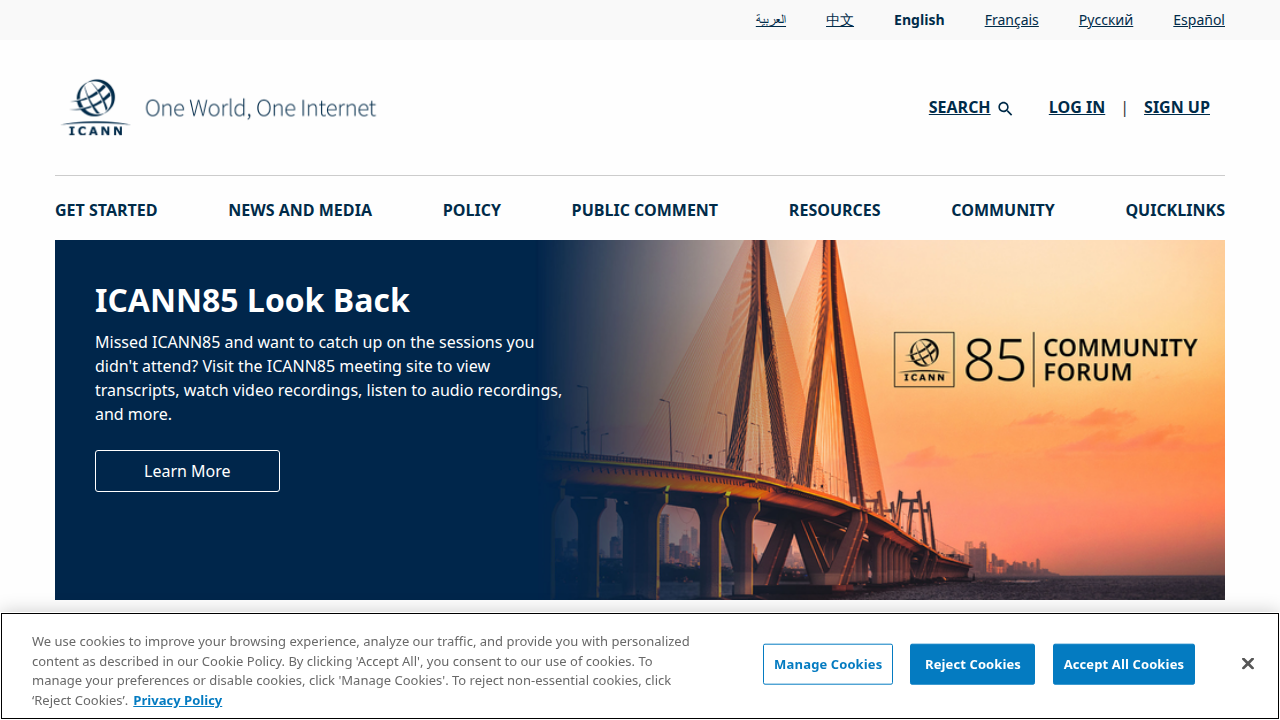 A screenshot of the ICANN homepage, the organization responsible for overseeing the domain name system.