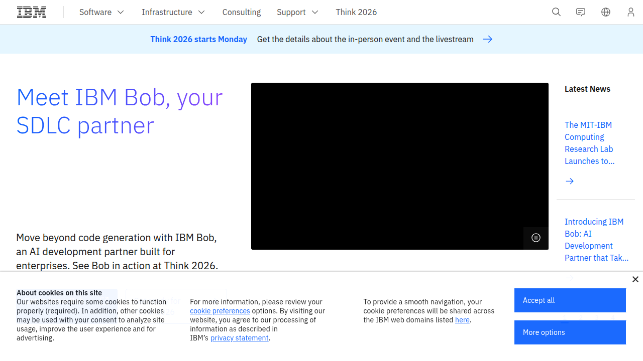 A screenshot of the IBM homepage, referenced in the article for its explanation of CNAME records.