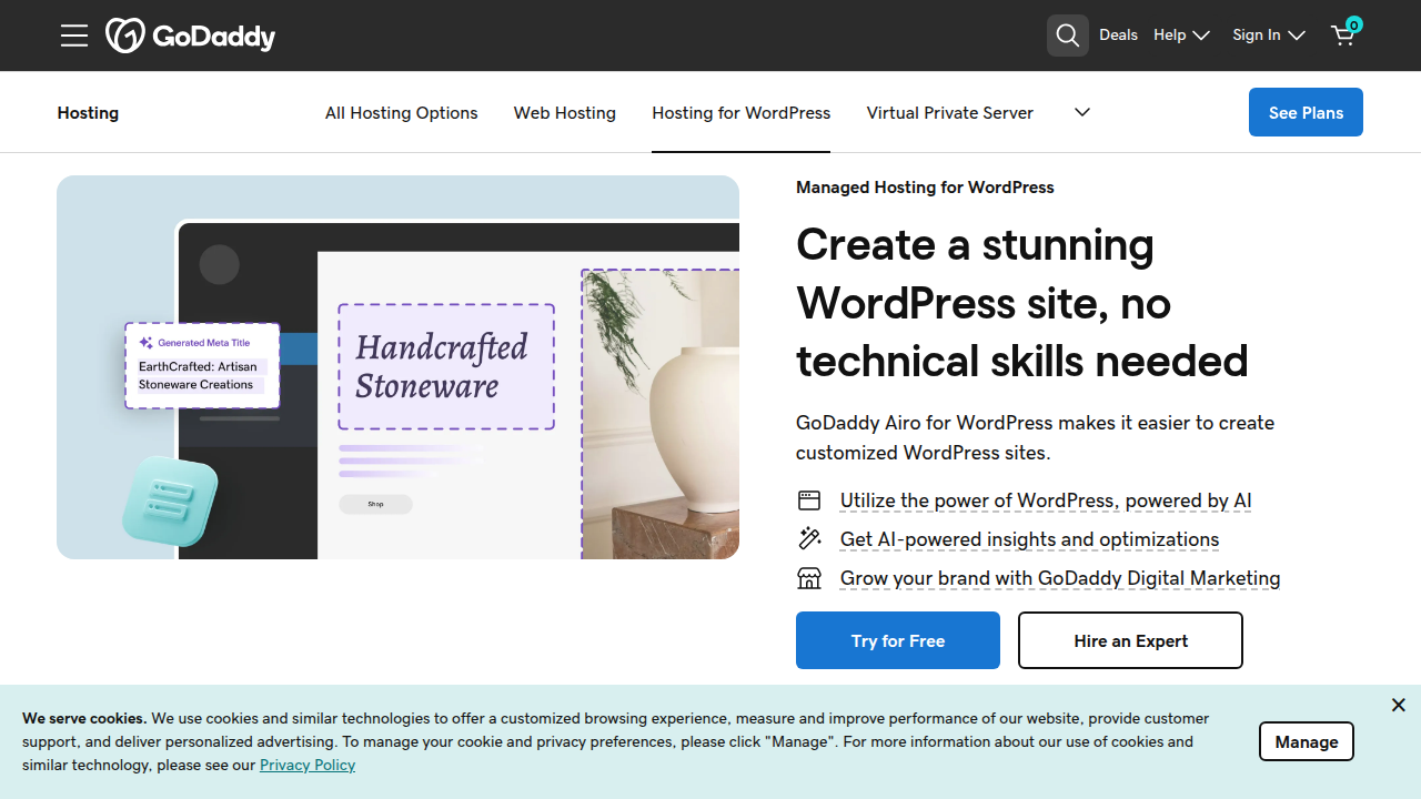 A screenshot of GoDaddy's managed WordPress hosting page, displaying plan details and pricing for users focused on WordPress sites.