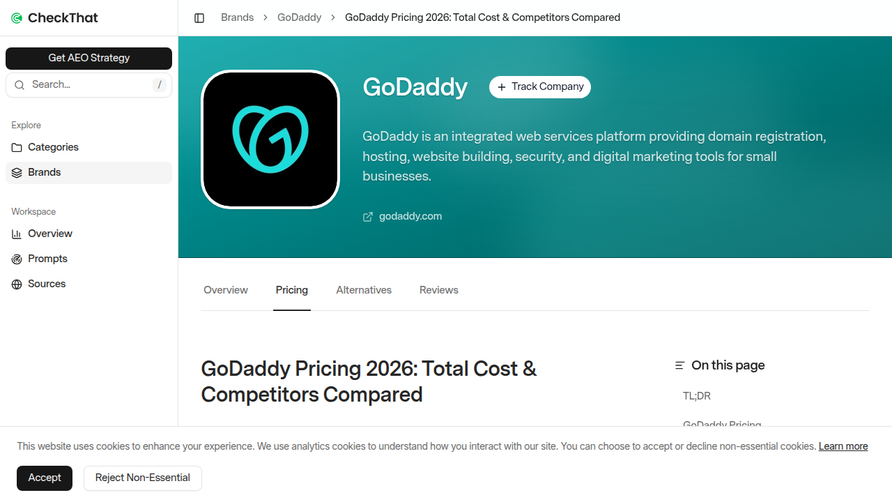 A screenshot from checkthat.ai's pricing guide for GoDaddy, providing a third-party perspective on introductory and renewal rates.