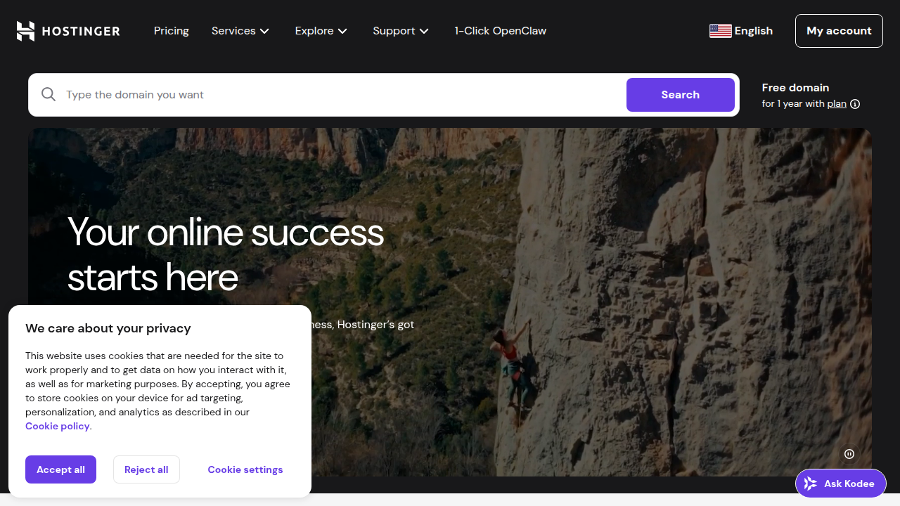 The homepage of Hostinger, a hosting provider referenced in the article for statistics related to performance and storage factors influencing pricing.