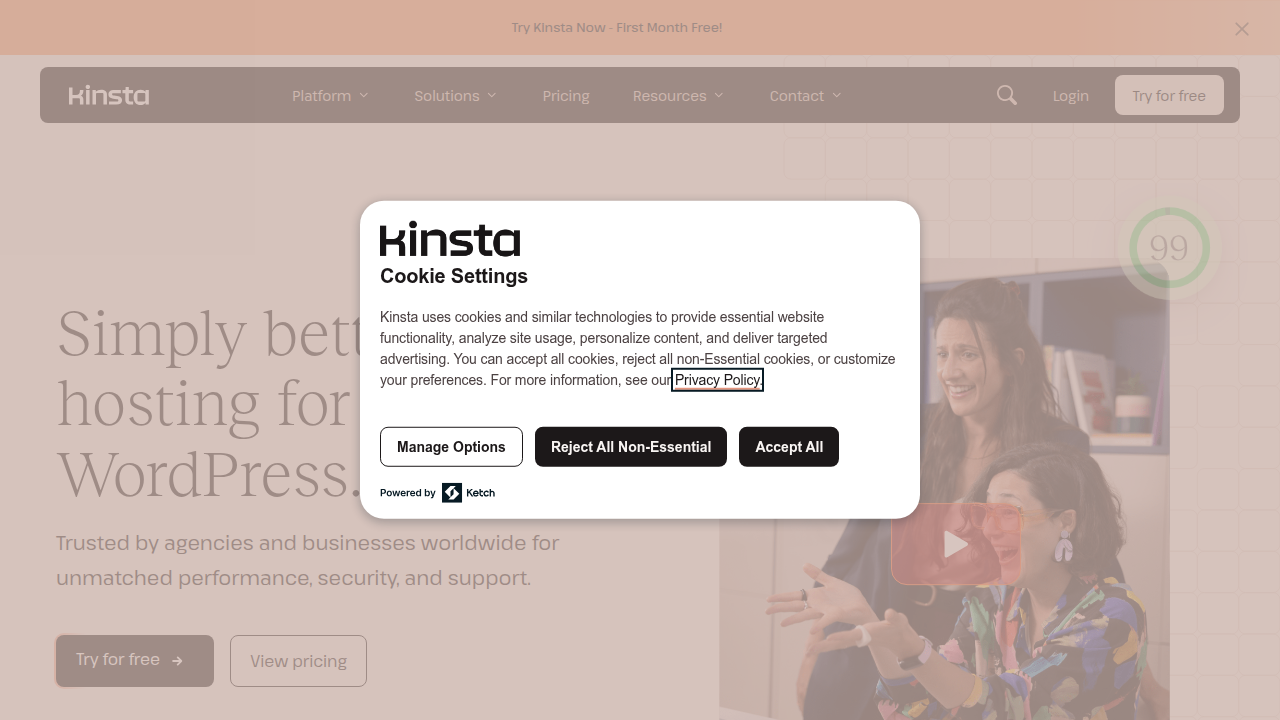 Kinsta's website highlights its premium managed WordPress hosting services, known for performance and robust infrastructure.