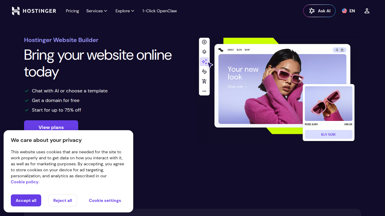 A screenshot of the Hostinger website builder homepage, often considered for ease of use.