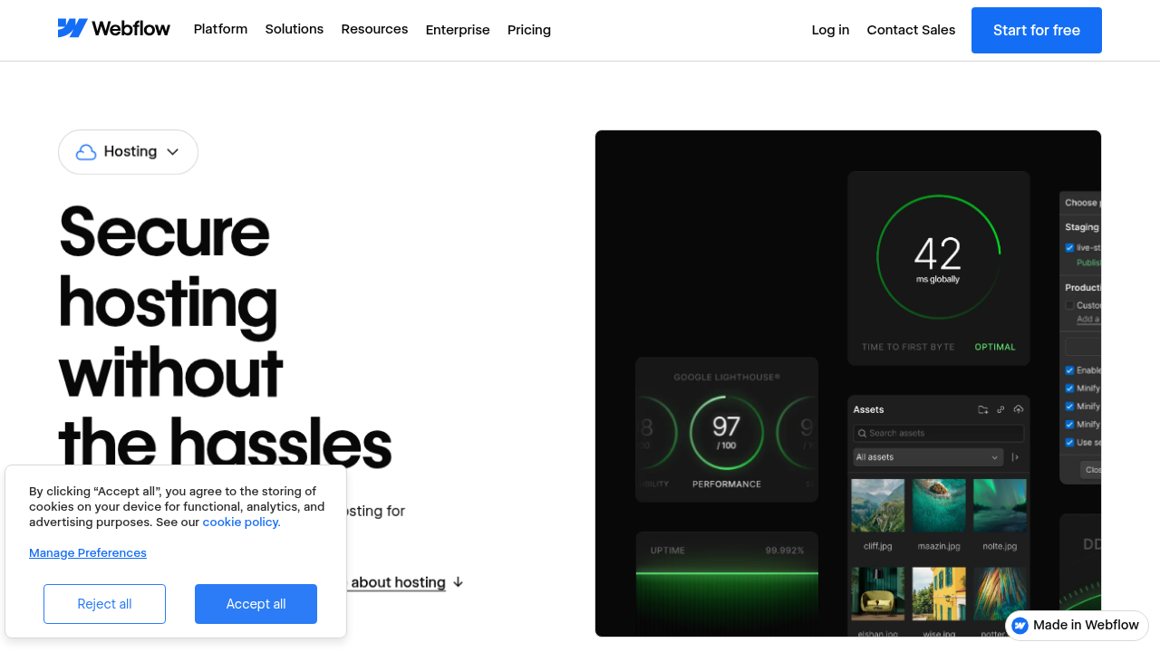 A screenshot of Webflow's hosting page, a platform often compared to Showit for its design capabilities and infrastructure.