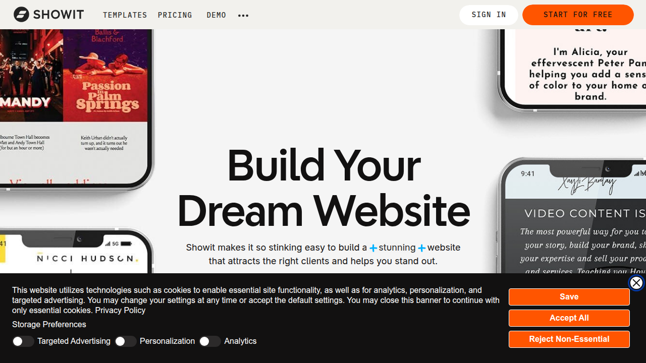 A screenshot of the Showit homepage, showcasing the platform's focus on creative freedom and visual design.
