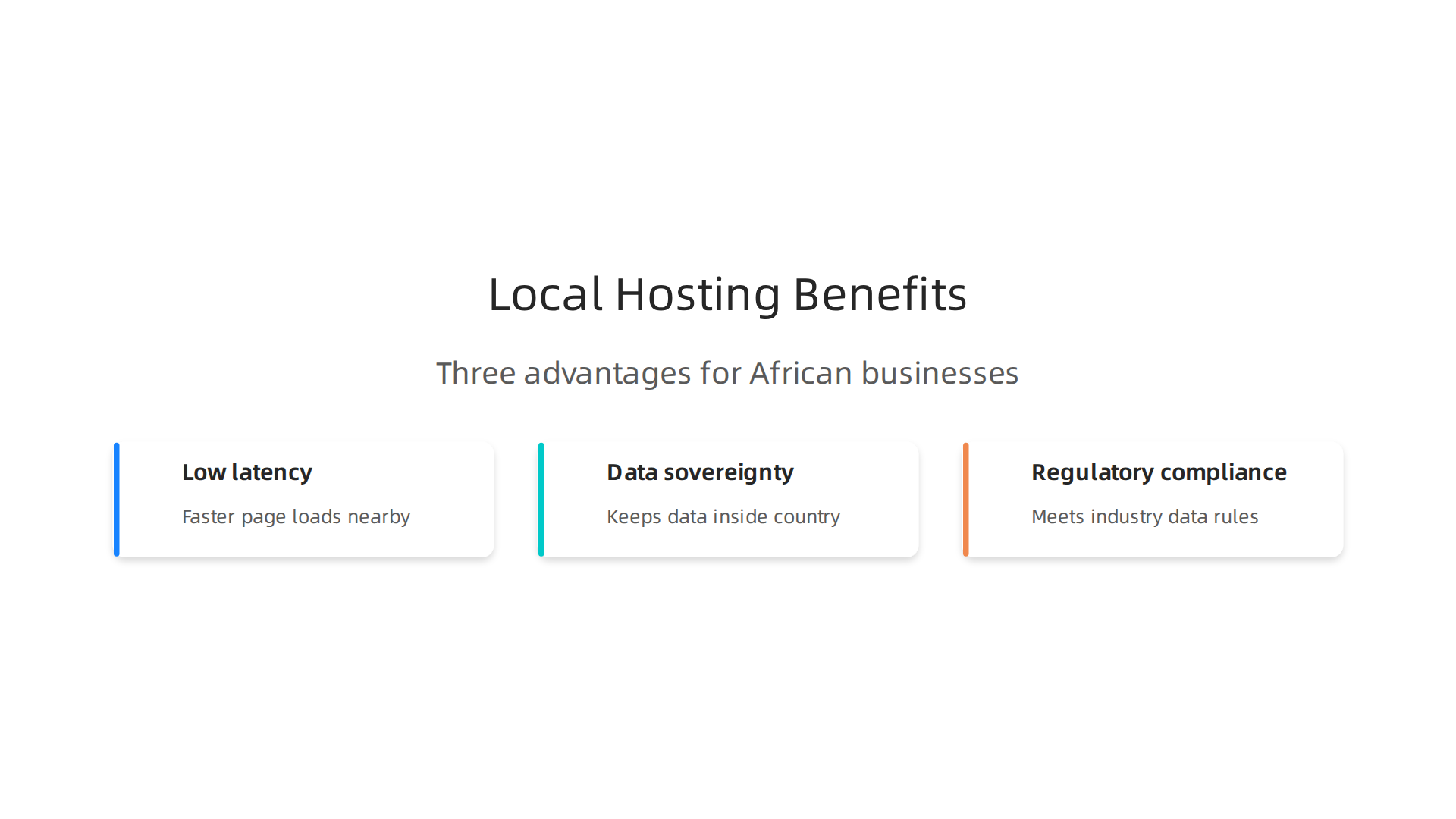 Visual explanation of the three core advantages of choosing local web hosting services for businesses targeting African audiences.