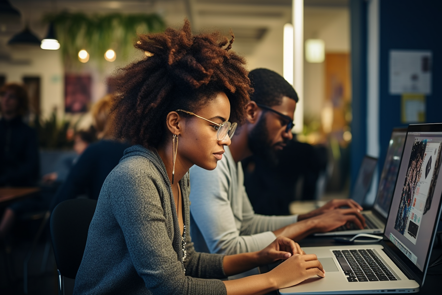 Young entrepreneurs in a modern African setting, using laptops to engage with the growing digital economy.