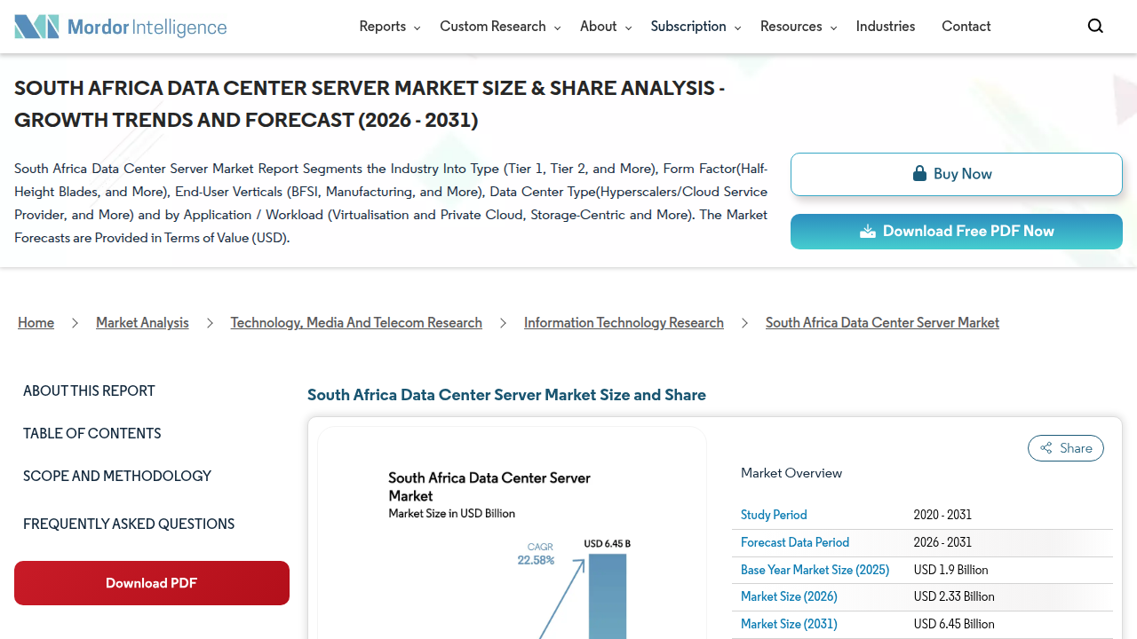 Overview of the Mordor Intelligence report on the South Africa Data Center Server Market, indicating its significant growth.