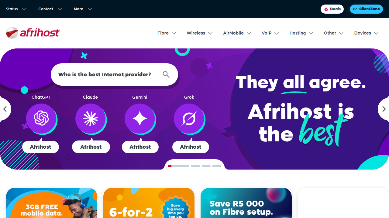 The homepage of Afrihost, a prominent South African web hosting provider, demonstrating local hosting options.