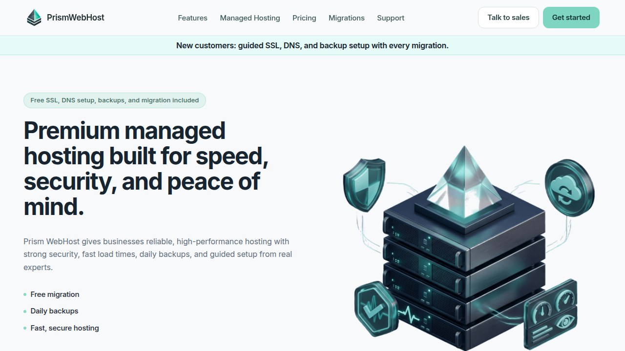 Homepage screenshot of Prism Webhost, presented as a managed Google Cloud partner for small businesses.