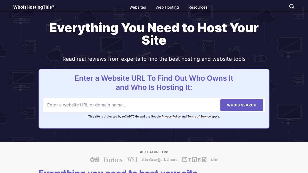 A screenshot of WhoIsHostingThis.com, a popular online tool for quickly identifying a website's hosting provider by entering a URL.