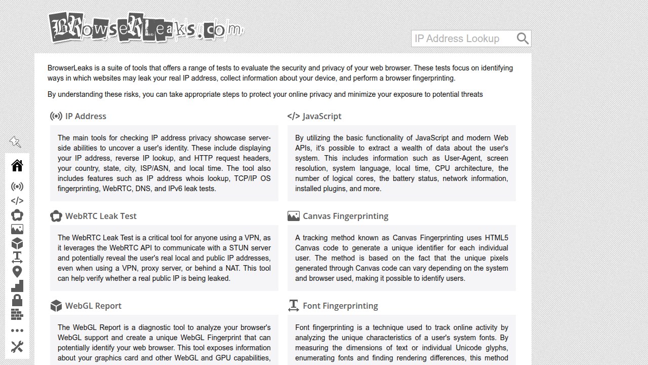 A screenshot of BrowserLeaks.com, demonstrating how to view full HTTP request headers for a website to understand server software and configuration.