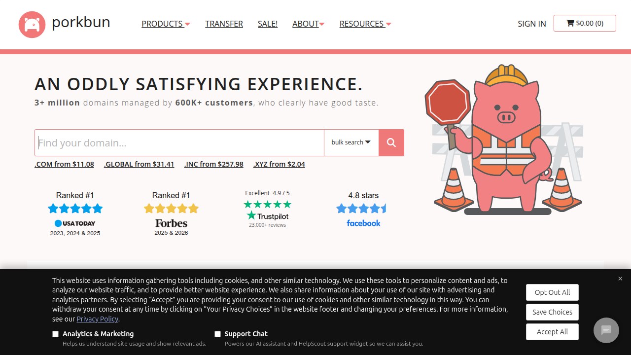 A screenshot of Porkbun's homepage, highlighting its transparent domain pricing model that avoids surprise hikes.
