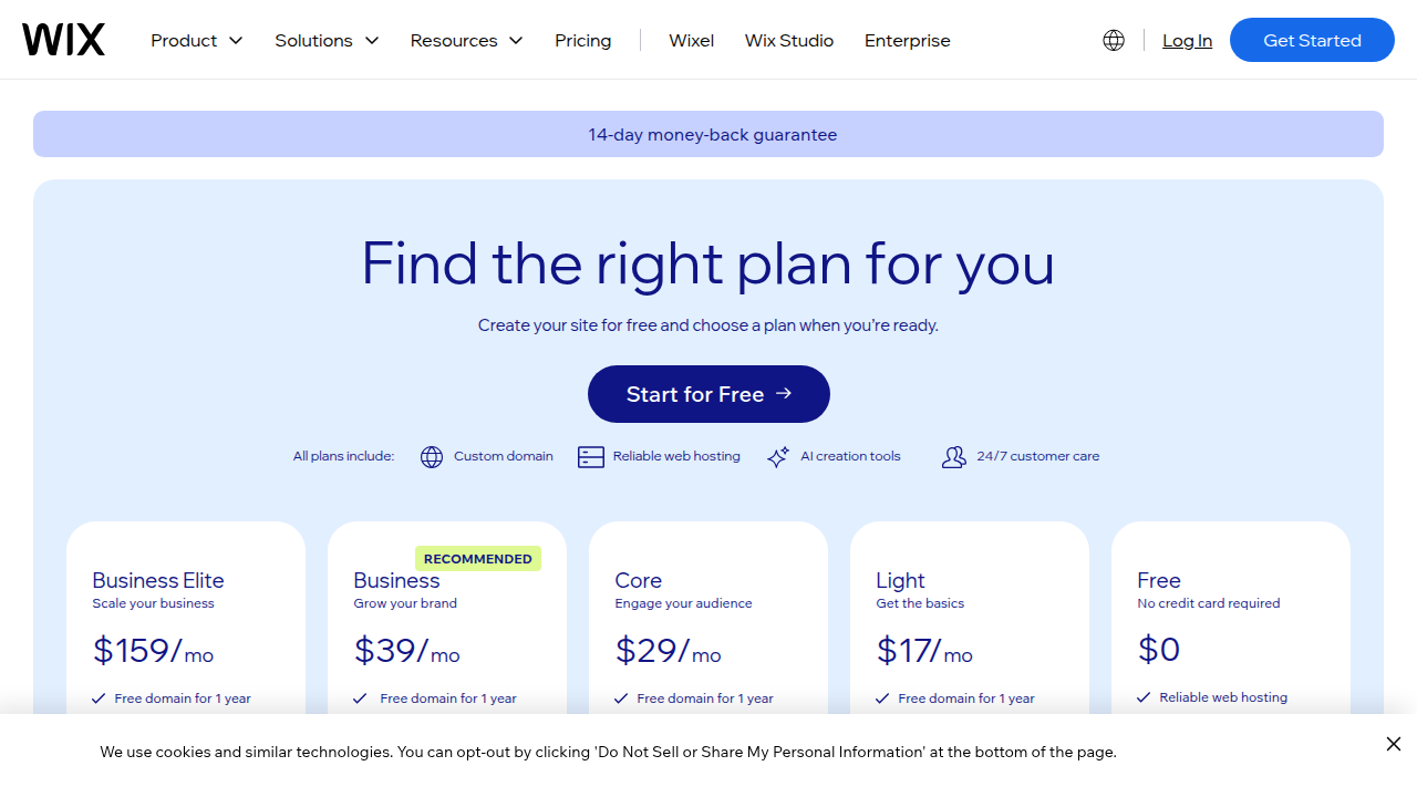 Official Wix website showcasing the different hosting plans (Combo, Unlimited, Pro, Business Basic) and their respective features and costs.