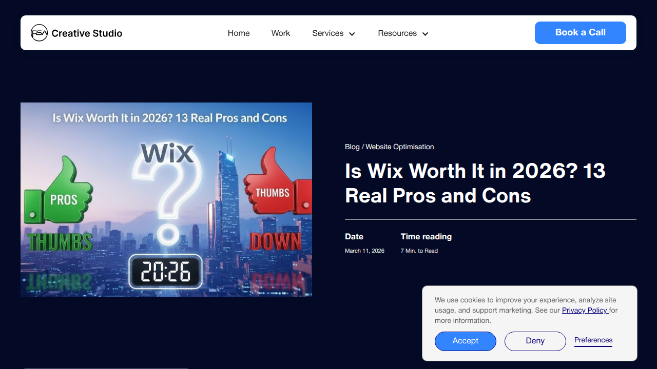 A blog post by RSA Creative Studio analyzing the pros and cons of Wix for scaling businesses, discussing its limitations.