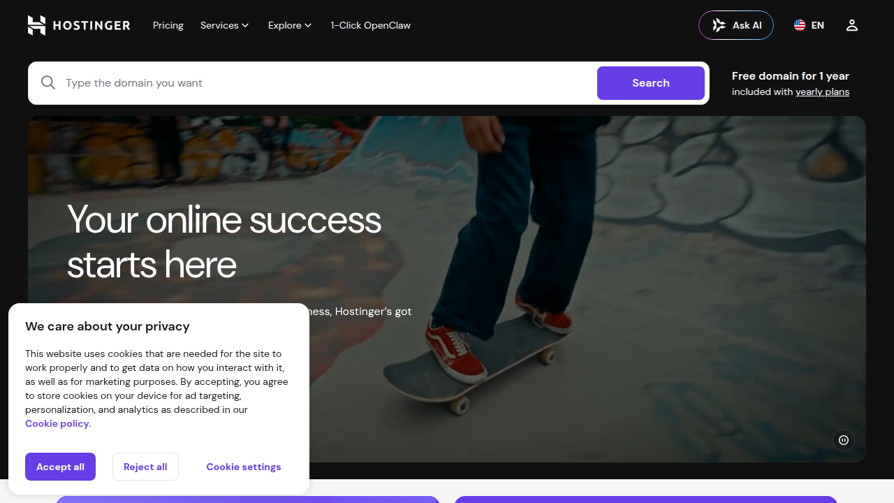 A screenshot of Hostinger's homepage, highlighting one of the top-rated affordable web hosting providers.