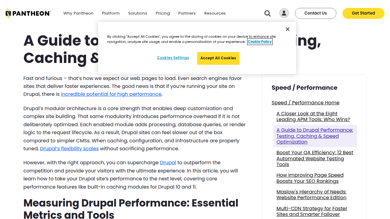 Pantheon's guide emphasizes the importance of testing and caching for optimal Drupal site speed.