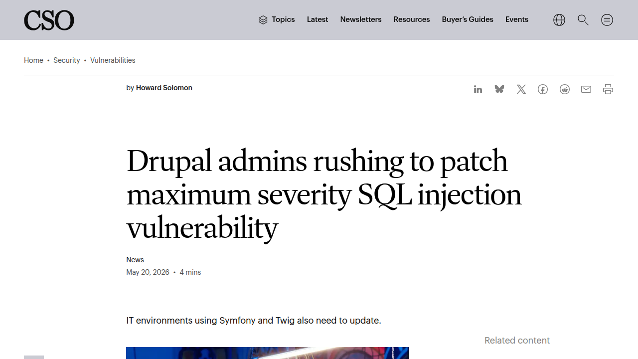 A CSOonline article warning Drupal admins about a critical SQL injection vulnerability and the need for immediate patching.