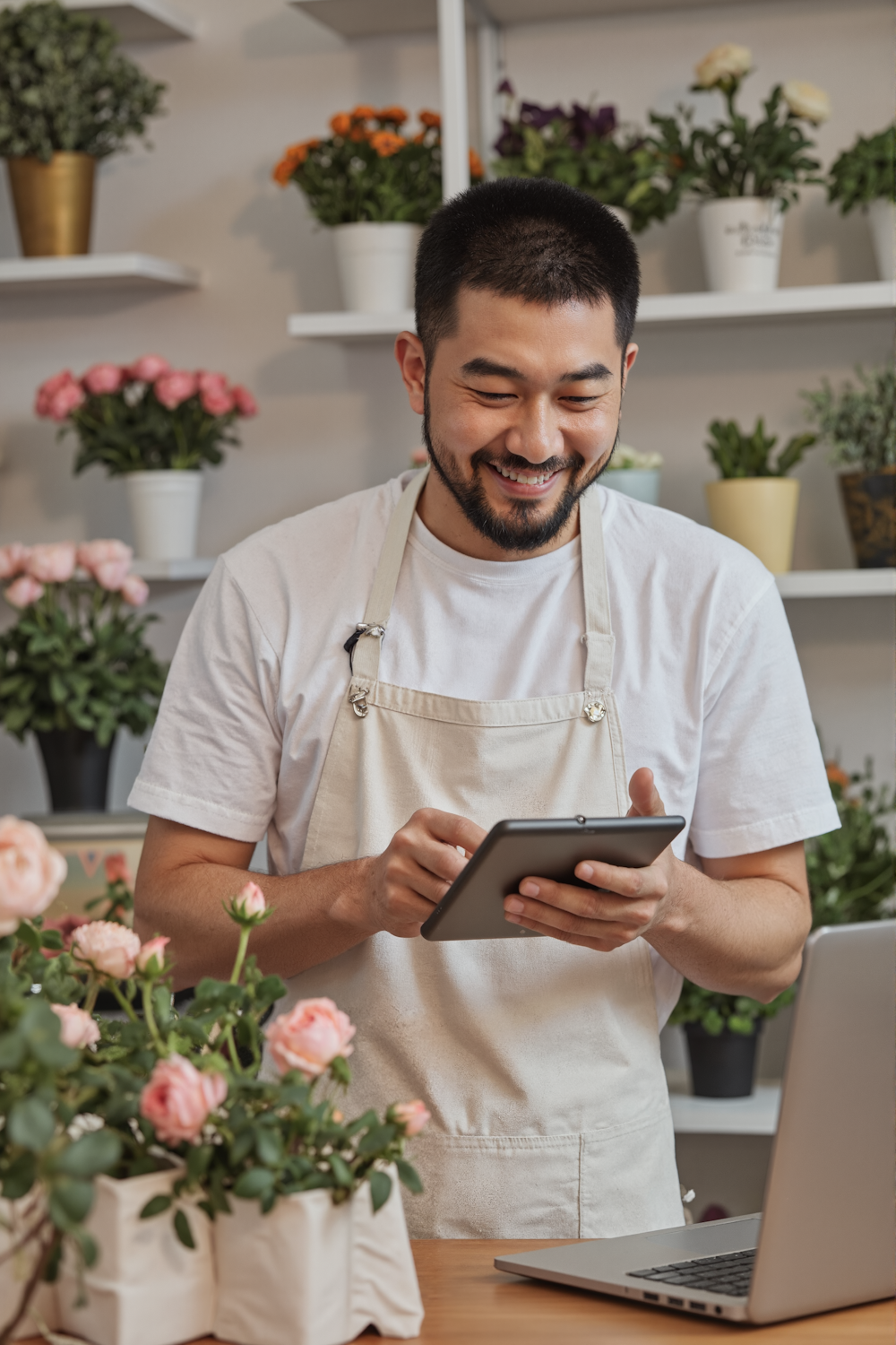 A happy small business owner using a descriptive new gTLD for their online store.
