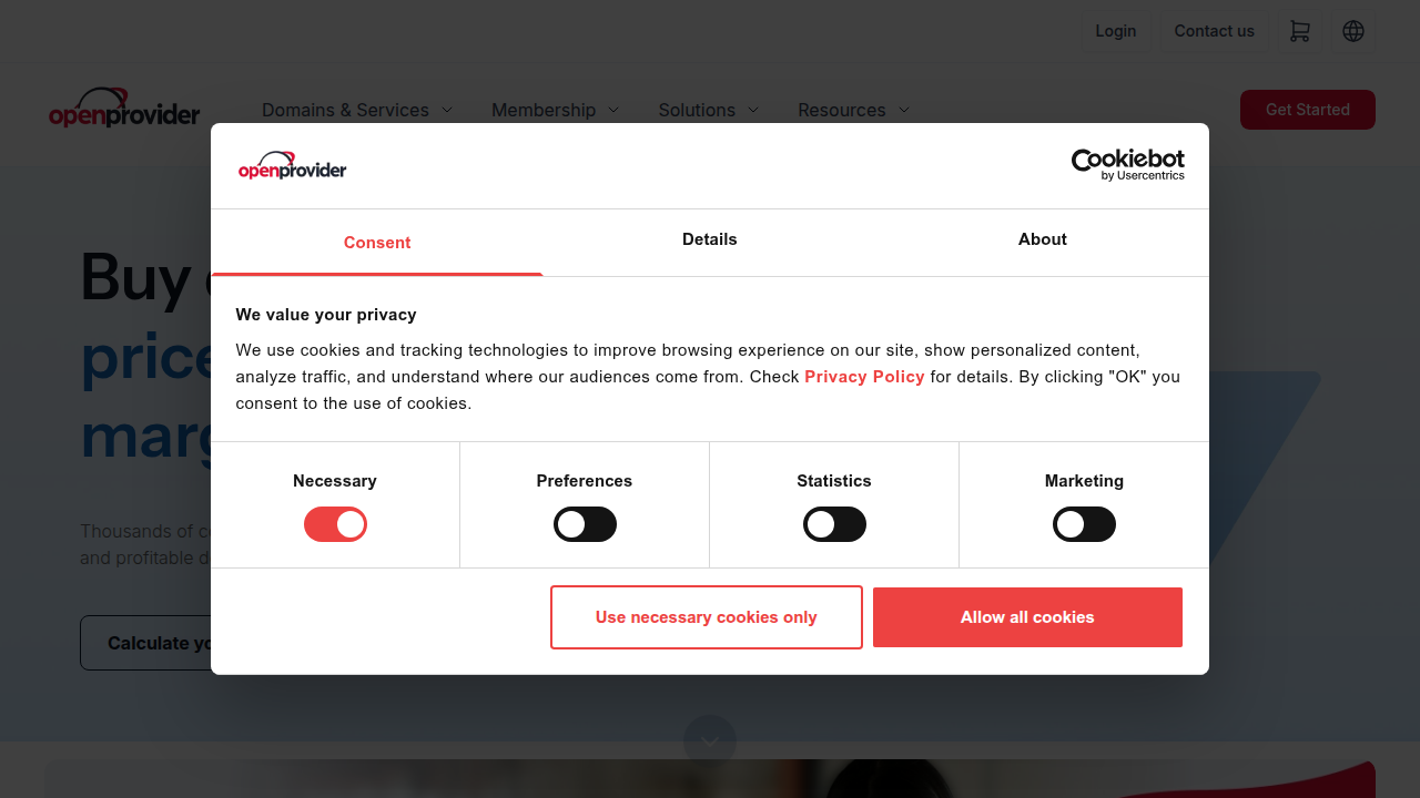 A view of Openprovider's platform, offering a list of cheap top-level domains for comparison.