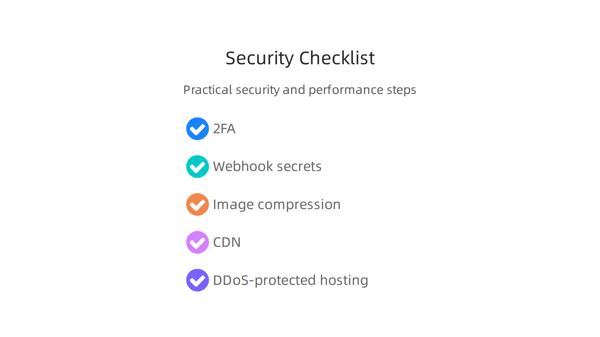 Graphic checklist of practical security and performance steps from the article (2FA, webhook secrets, image compression, CDN, hosting with DDoS protection).