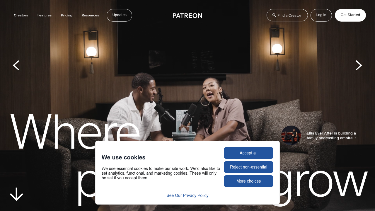 Screenshot of Patreon’s public homepage and landing experience to illustrate the hosted membership platform described in the article.