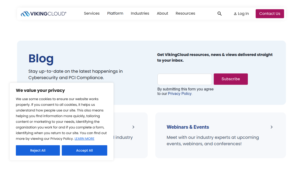A screenshot of the VikingCloud blog homepage, a source for SMB threat landscape reports.