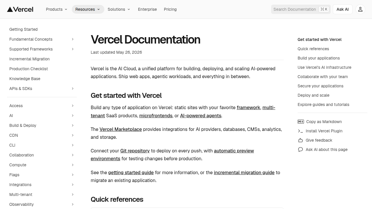 The official Vercel documentation for developers, offering guides on various features, including domain setup.