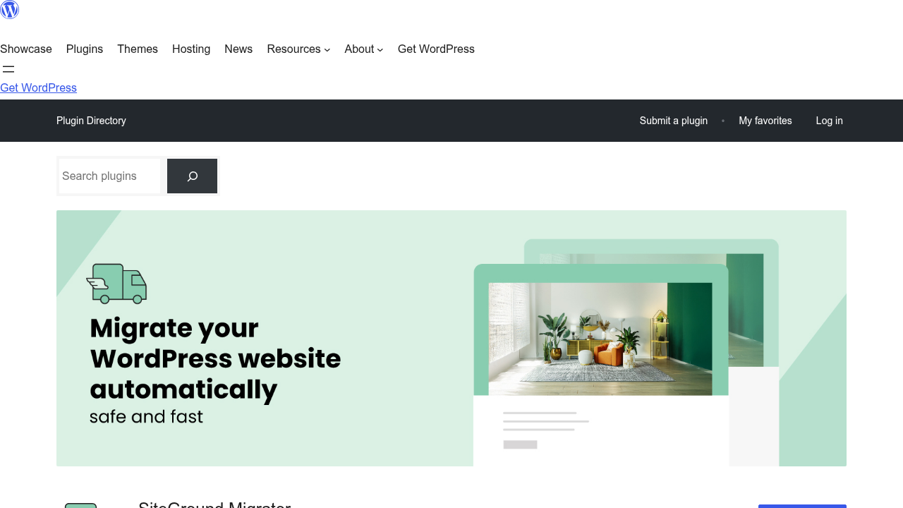 The official WordPress.org page for SiteGround's Migrator plugin, simplifying website transfers.