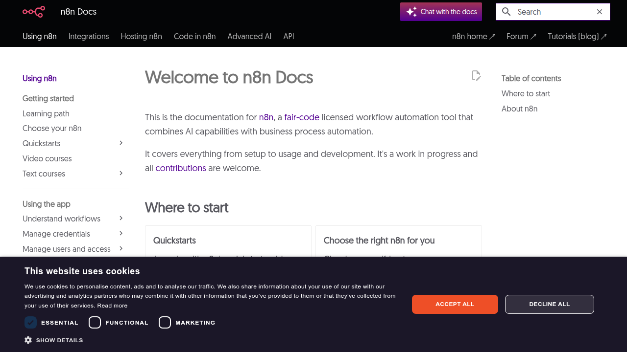 The official n8n documentation portal, offering guides and resources for self-hosting and other topics.