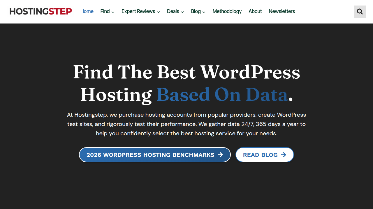 Screenshot of HostingStep.com, a resource for web hosting reviews and benchmarks.