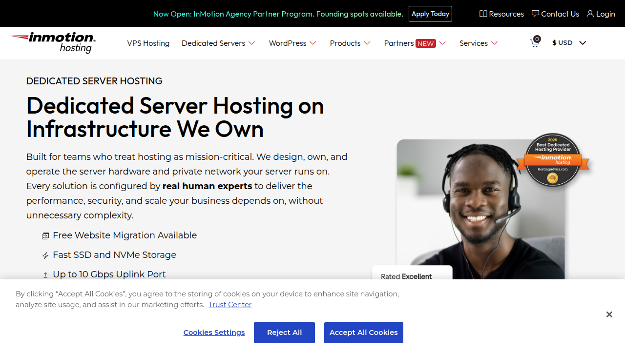 Screenshot of InMotion Hosting's dedicated servers pricing page, detailing various plans and features.