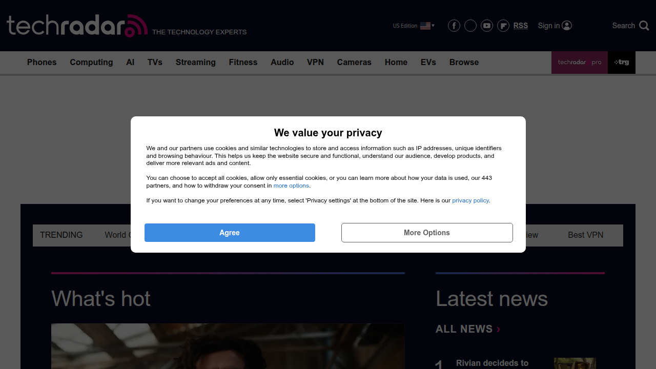 Screenshot of TechRadar's homepage, a popular technology review website.