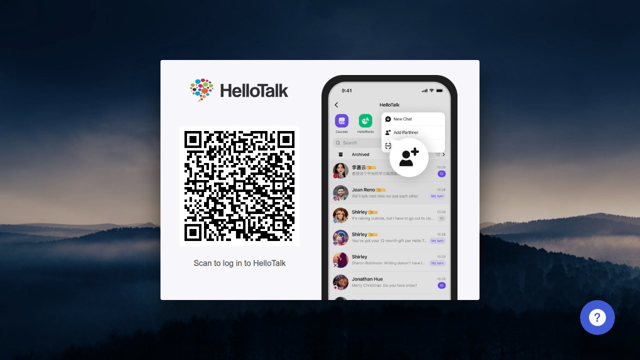 The login page for HelloTalk Web, featuring the QR code for secure access.