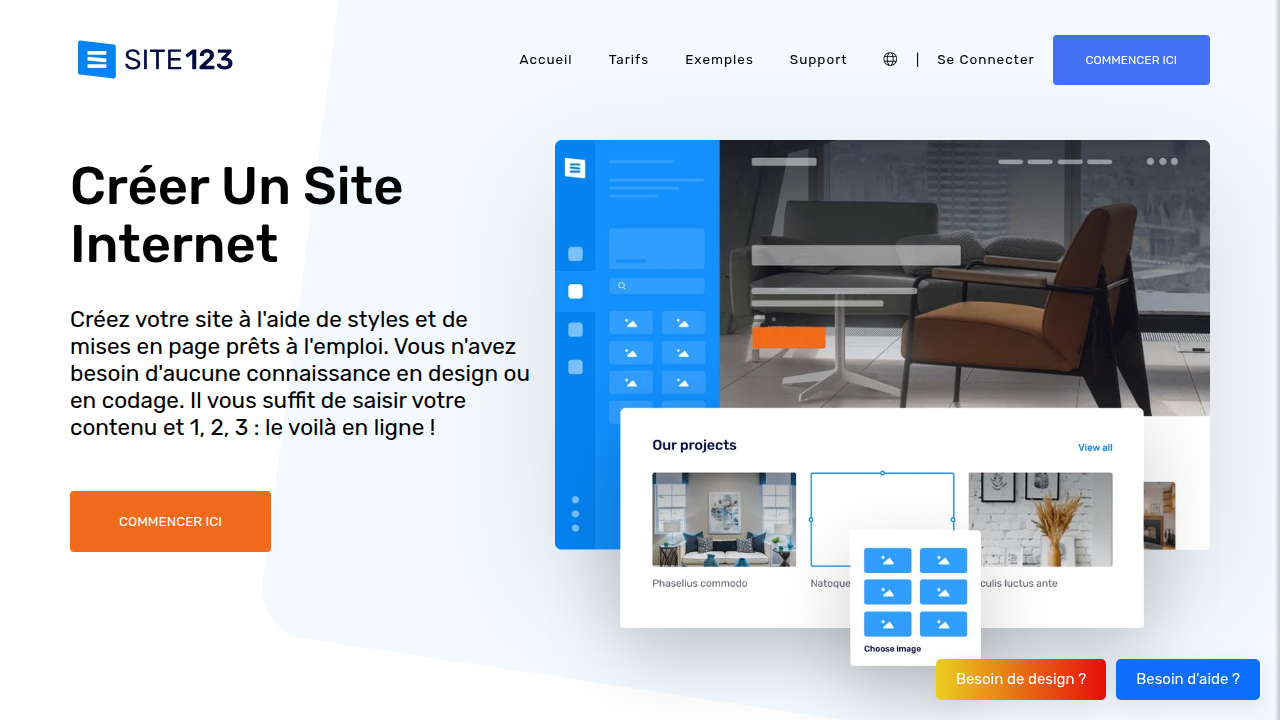 A screenshot of the Site123 website builder homepage, showcasing its user-friendly interface.
