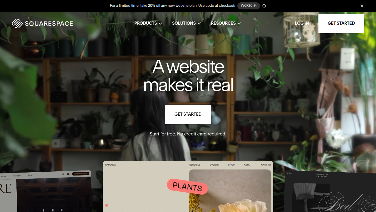 A screenshot of Squarespace's homepage, emphasizing its sleek design and template offerings.