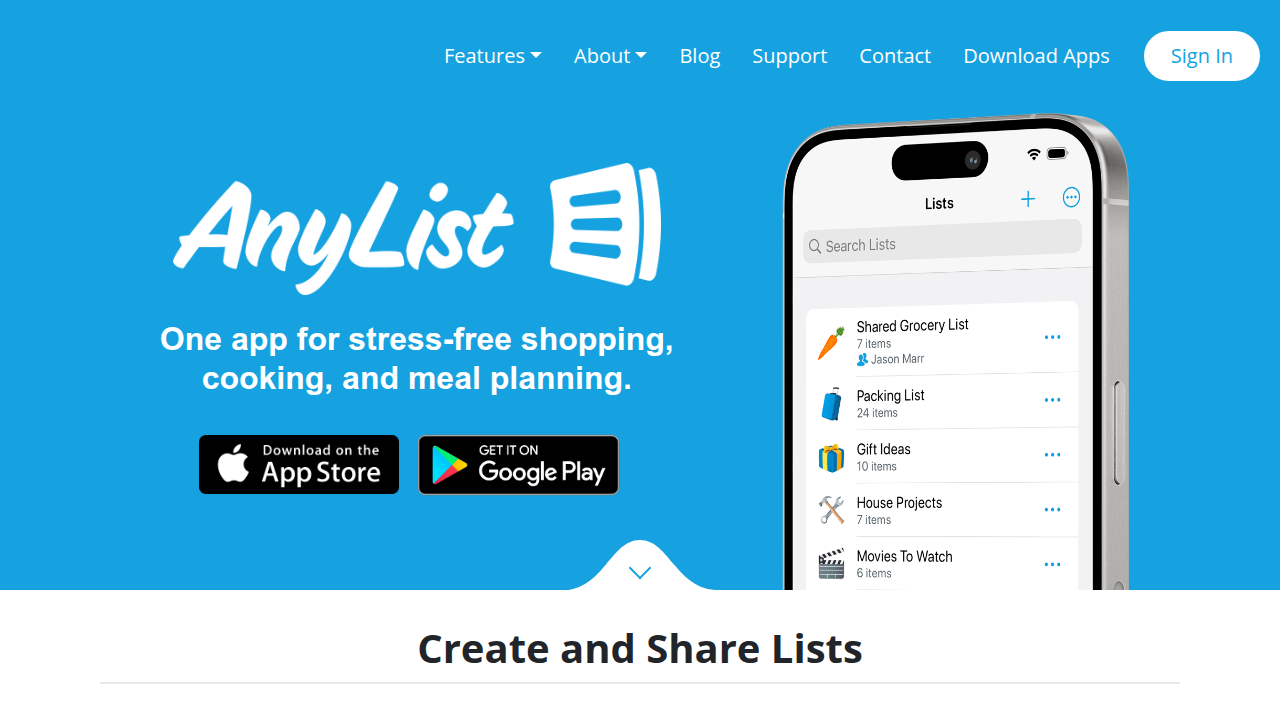 Screenshot of the AnyList website's 'About for the Web' page, detailing its mission and functionality.