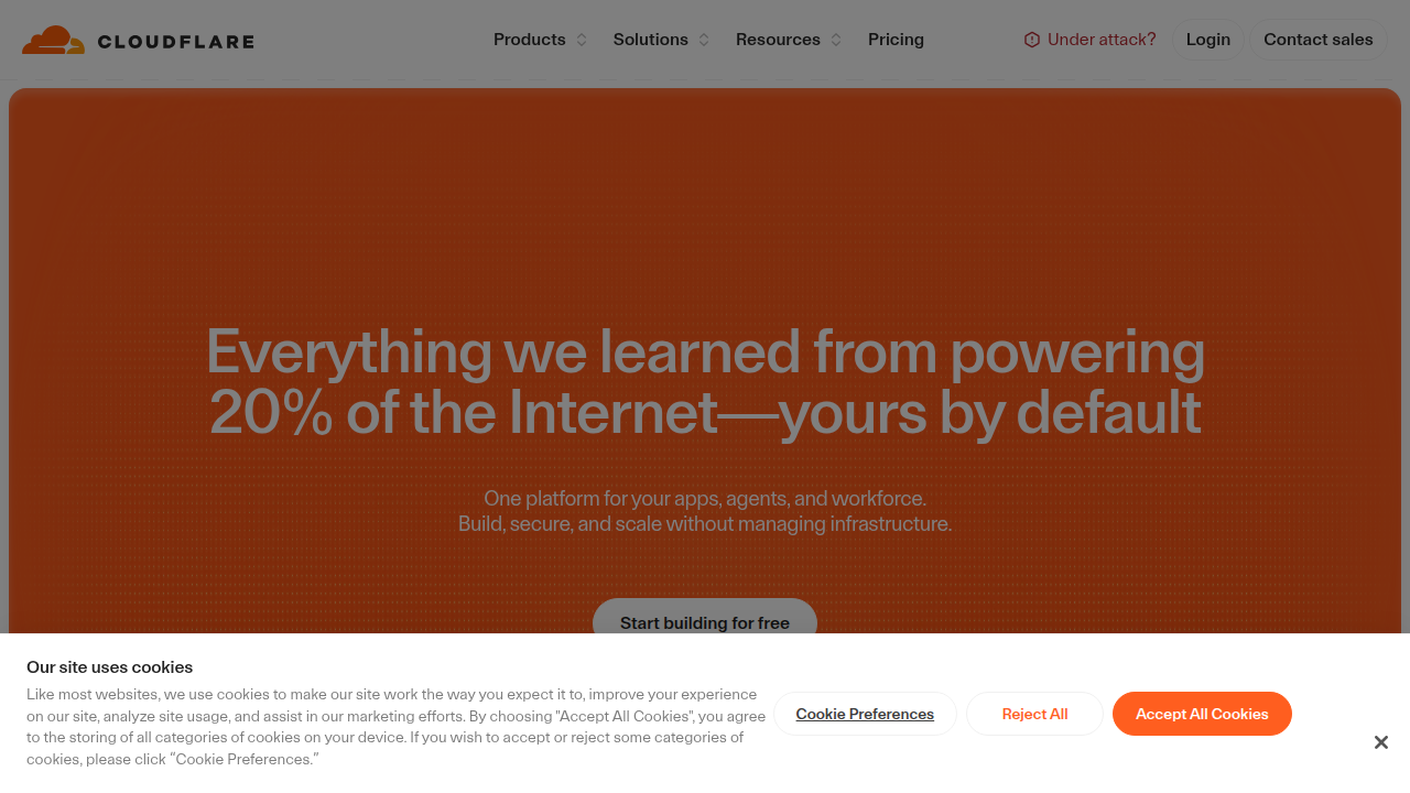 A screenshot of the Cloudflare website, a provider of web performance and security services.