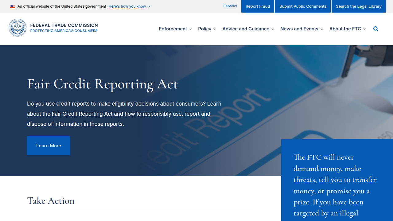 A screenshot of the official Federal Trade Commission (FTC) website.