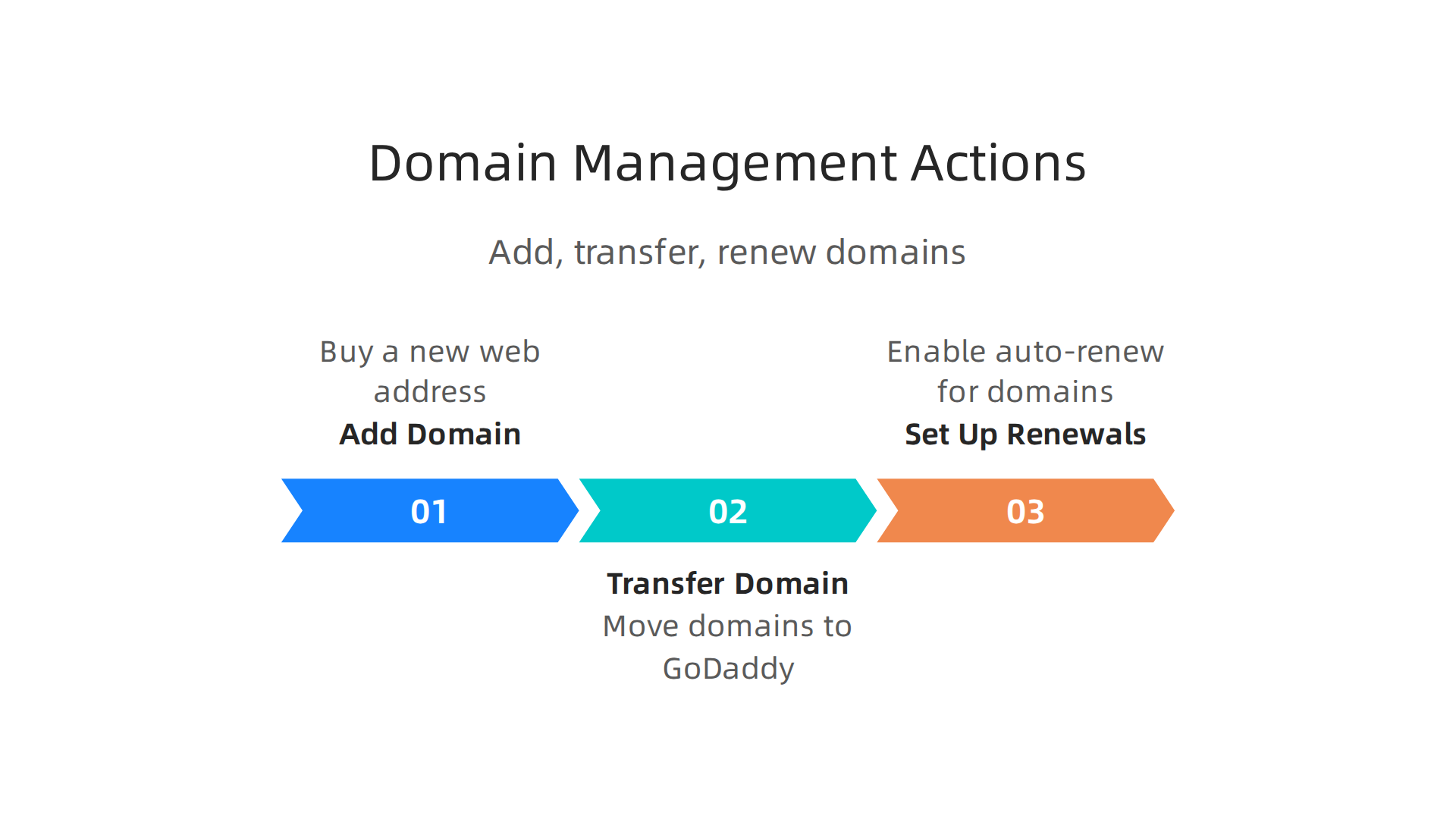 GoDaddy's domain management features allow users to add new domains, transfer existing ones, and set up renewals.