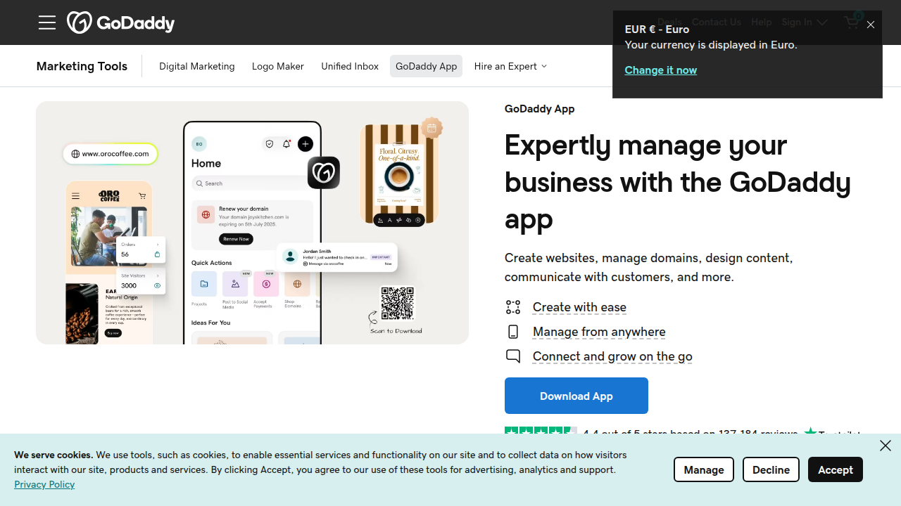 The official GoDaddy page detailing the features and benefits of their mobile application for iOS and Android devices.