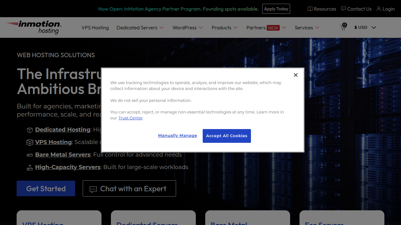 The homepage of InMotion Hosting, an example provider mentioned in the context of storage and bandwidth features for shared hosting plans.