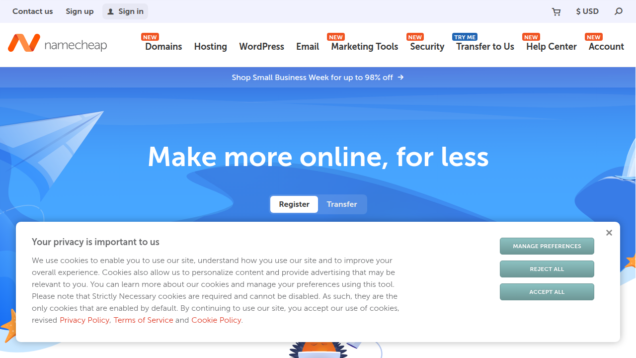 The homepage of Namecheap, one of the top cheapest domain hosting providers mentioned for its reasonable renewal prices and features.