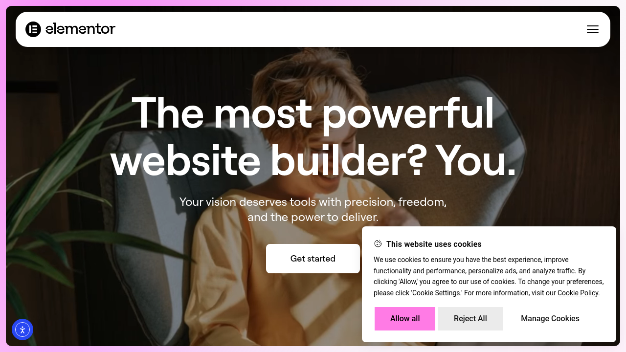 The homepage of Elementor, an online platform for website building, referenced for web hosting statistics.