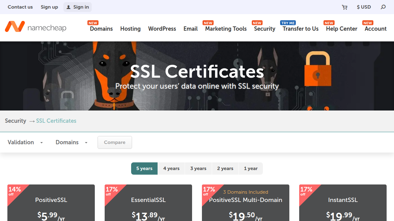 An example of Namecheap's SSL certificate offerings, demonstrating competitive pricing against other providers like GoDaddy for similar protection.