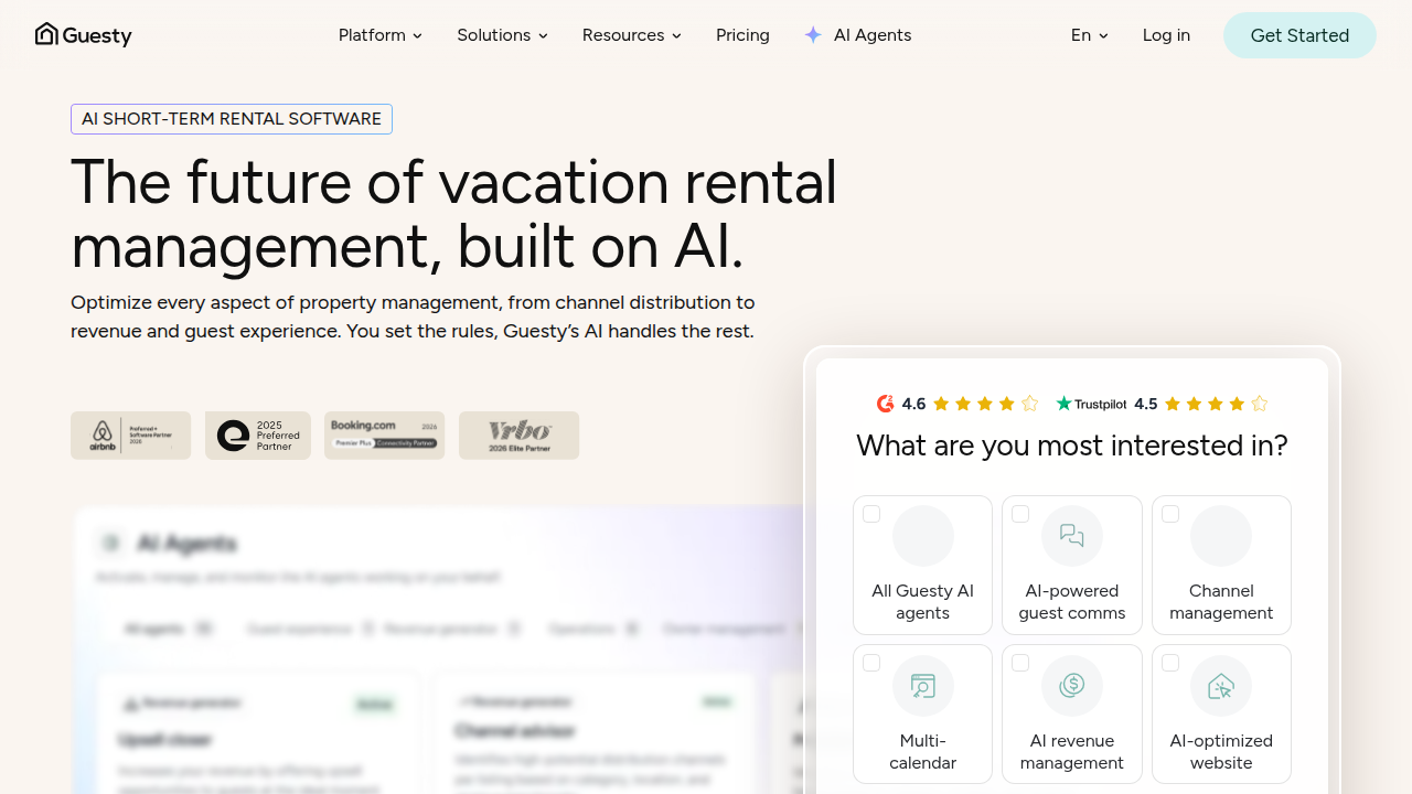 Guesty's website, showcasing its platform for larger vacation rental operations.