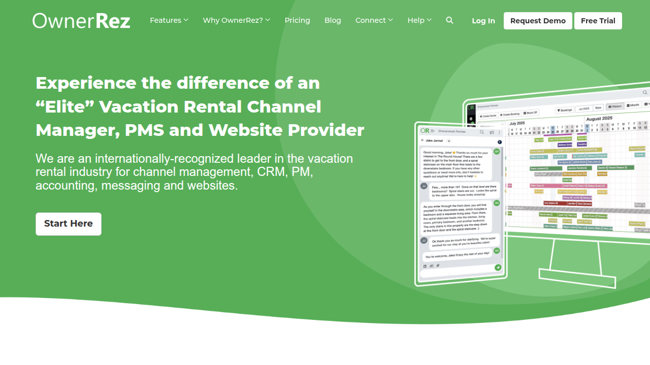 OwnerRez's website, presenting its cost-effective property management solution for mid-sized portfolios.