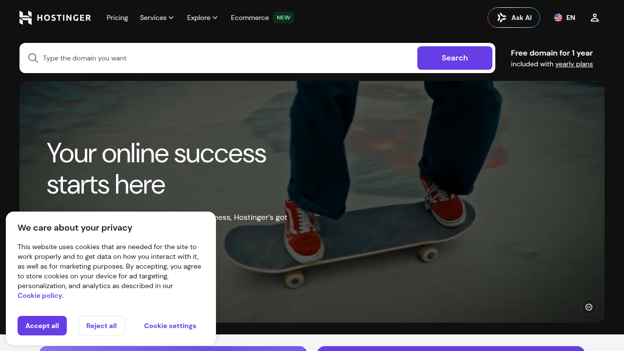 Explore Hostinger's official website for their domain and web hosting services.