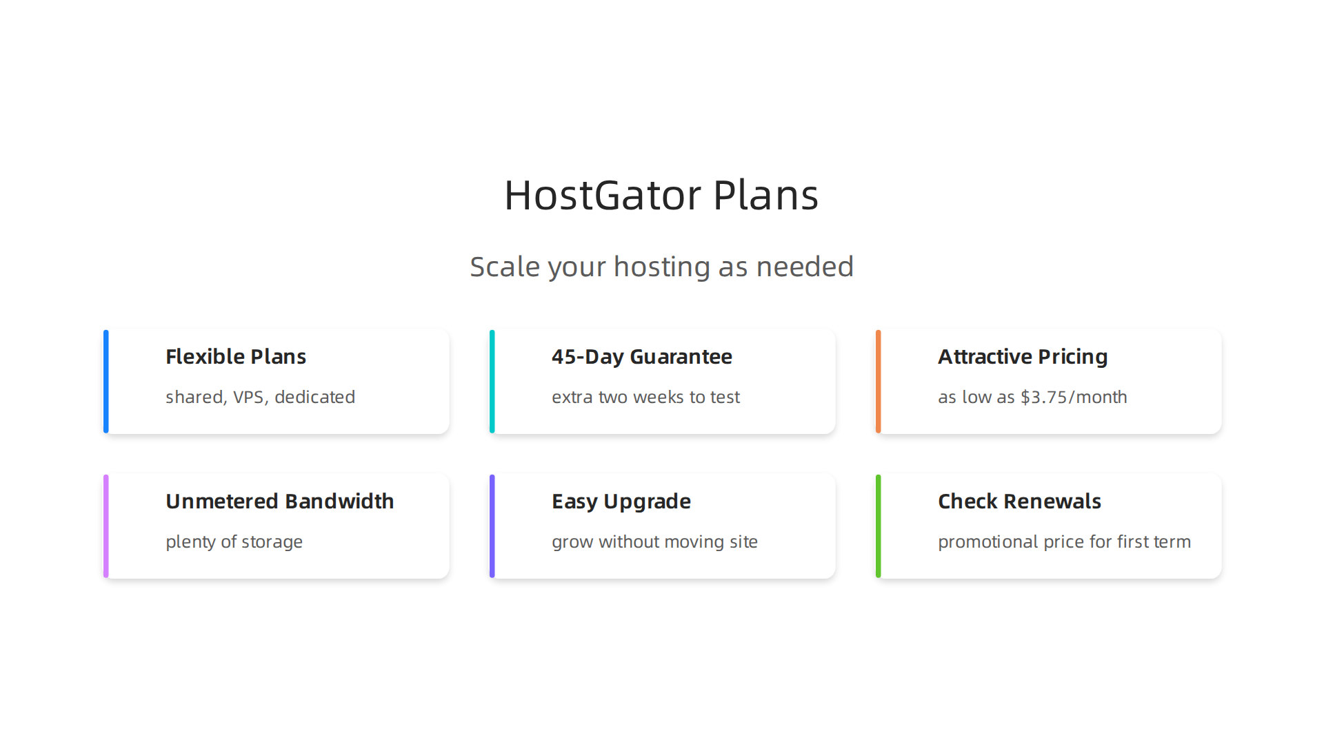 HostGator offers flexible hosting plans that allow businesses to scale their website as they grow.